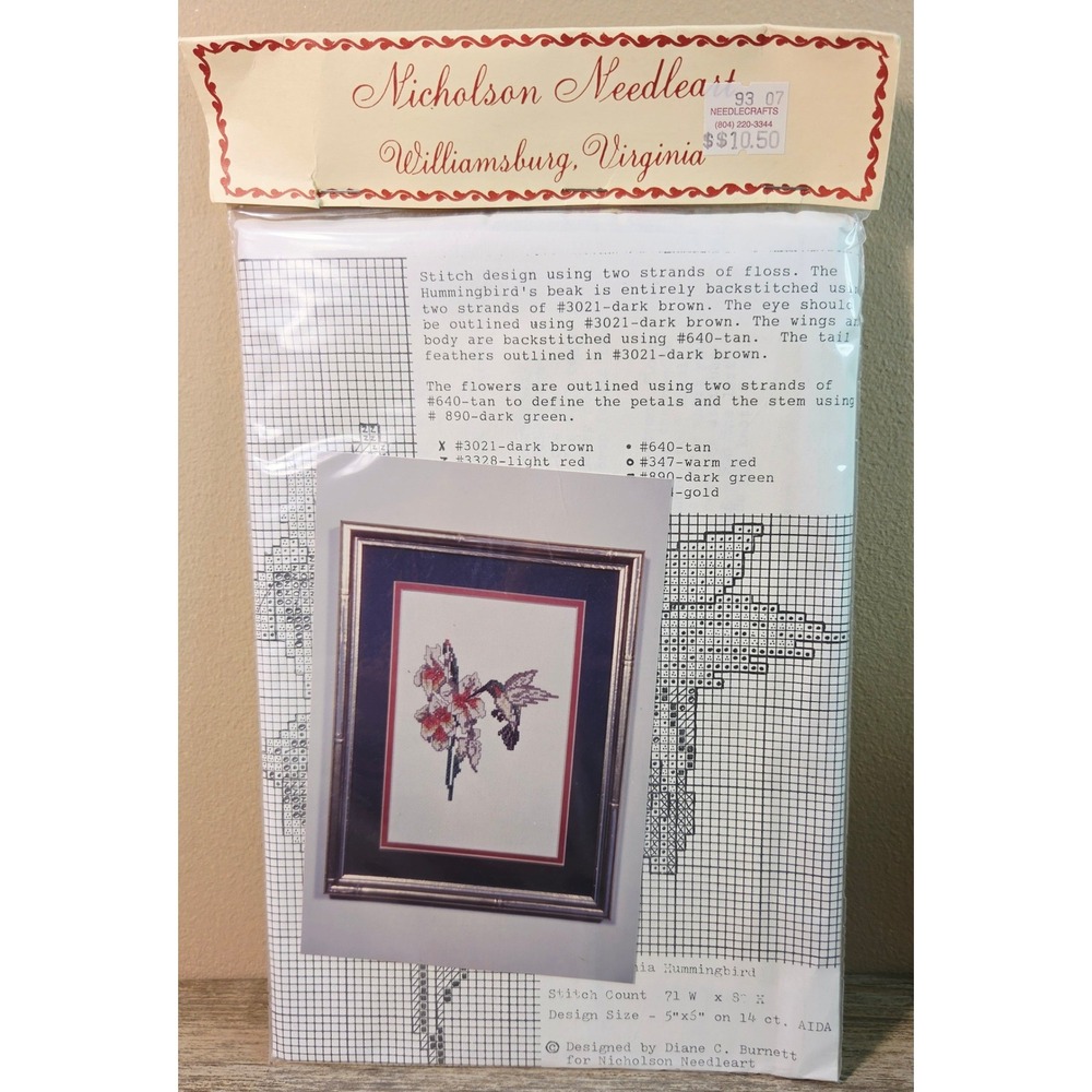 Nicholson Needleart Virginia Hummingbird Cross Stitch Kit Diane Burnett New 5x6